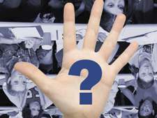 Palm of hand displays a question mark with collage of people behind hand