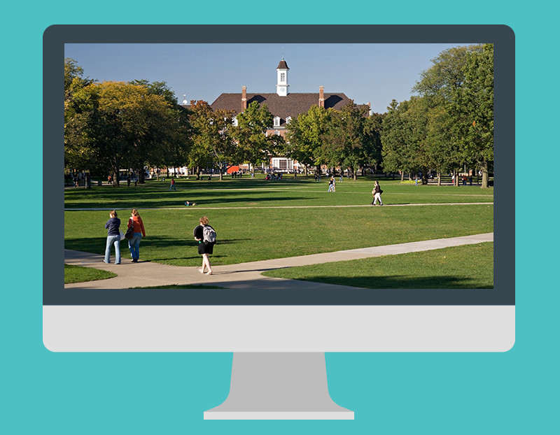 Computer screen displays a university and students walking on campus