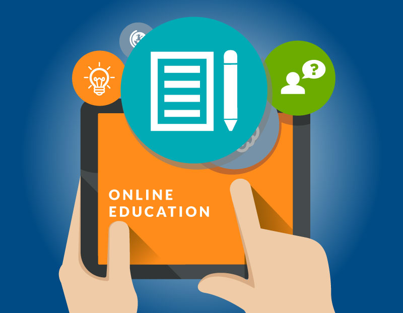 Cartoon of person holding tablet with the words "online education"