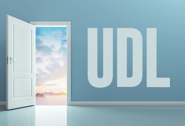 Door opens to a bright, cloudy sky with the words "UDL" written on the wall next to it