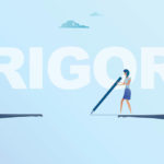 Icon of woman connects broken bridge with pencil with the word "rigor" on top