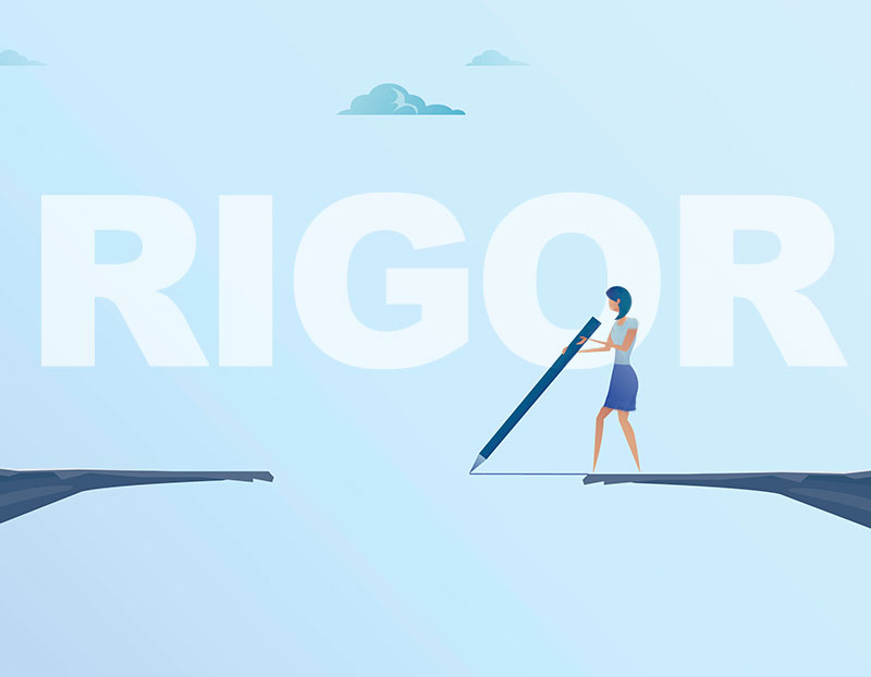 Icon of woman connects broken bridge with pencil with the word "rigor" on top