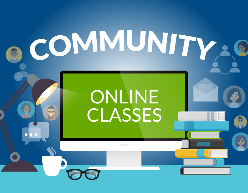Computer screen showcases "online classes" with books surrounding it and the word "community" on top of it