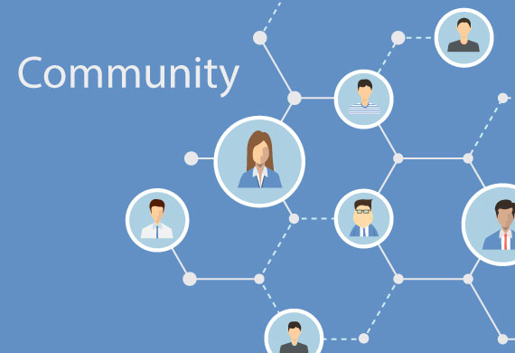 Icons of people are all connected with geometric lines with the word "Community" above them