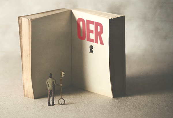 Small person with large key stands in front of huge books with the words Open Educational Resources (OER)