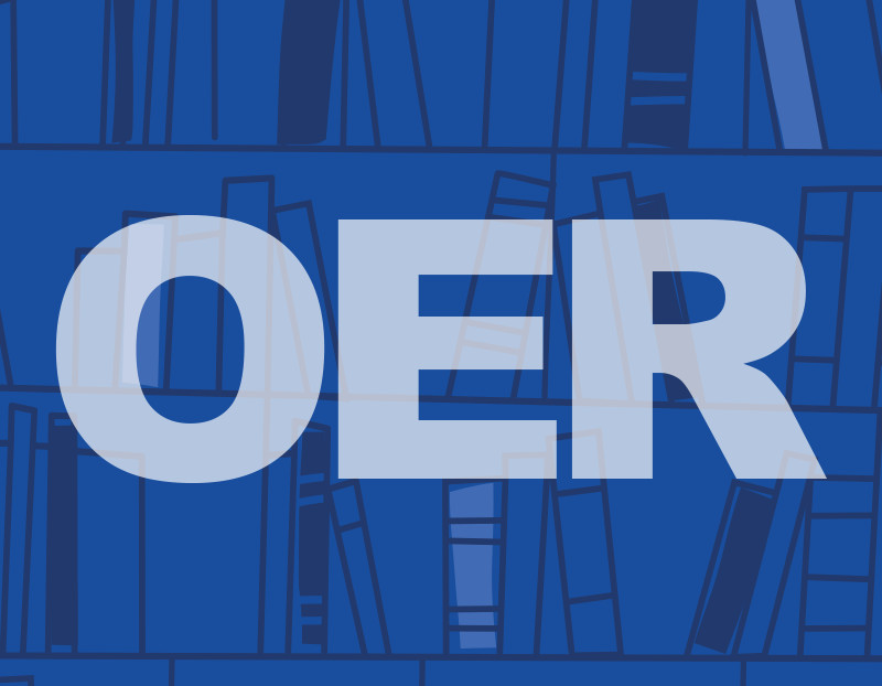 The letter OER are placed in front of blue bookshelf