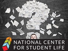 Sheets of paper create question mark symbol above man, displayed at bottom says "National Center for Student Life"