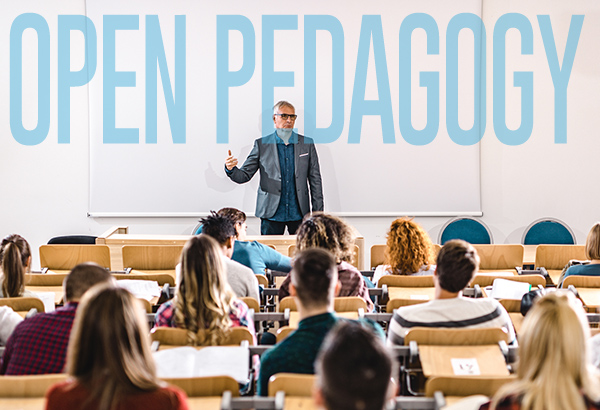 "Open Pedagogy" is projected above instructor teaching students