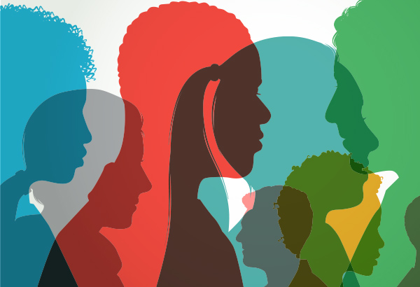 Silhouettes of students from diverse background represent equity minded syllabus