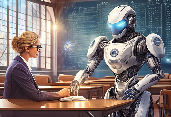 female-faculty-sitting-in-classroom-discussing-with-ai-robot-teaching-class