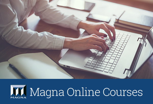 magna online courses logo with a woman's hands typing on a laptop