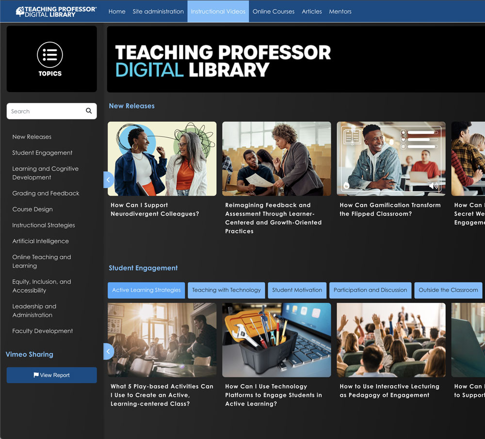 Screenshot of Teaching Professor Digital Library showing various instructional videos
