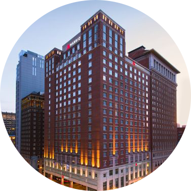 exterior photograph of the Marriot St Louis Grand at dusk