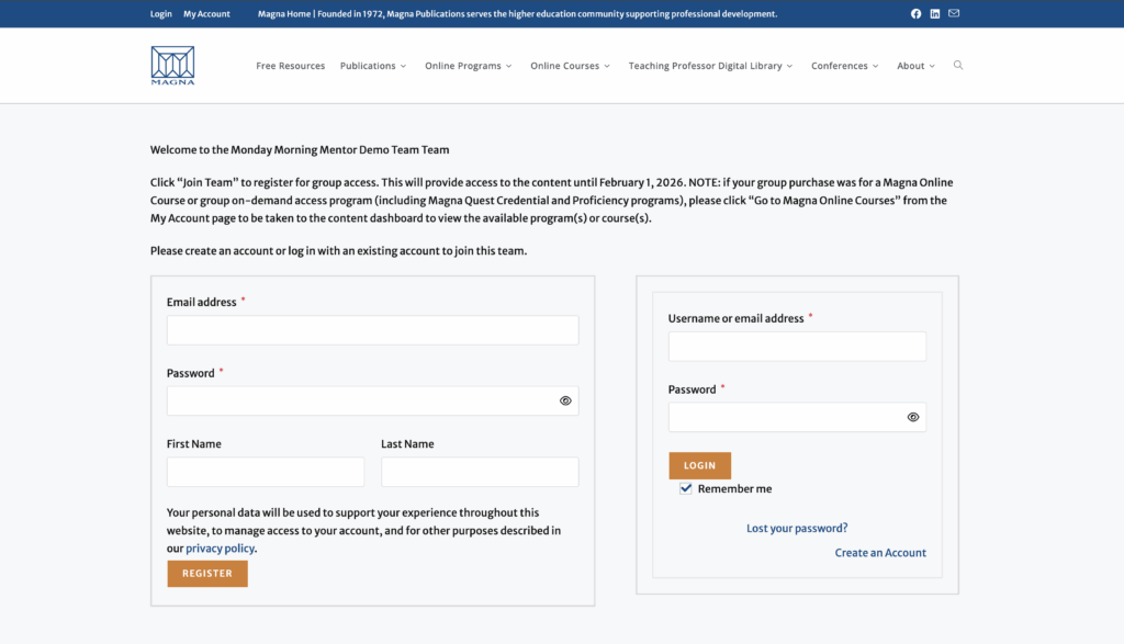 screenshot of a registration link