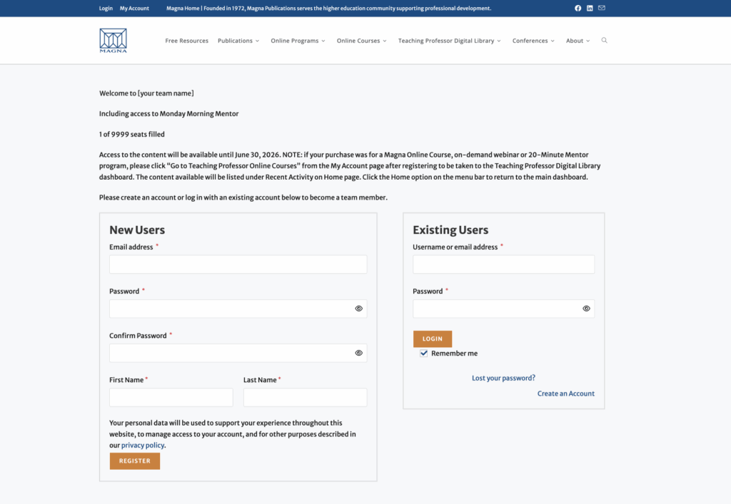 screenshot of a team registration page