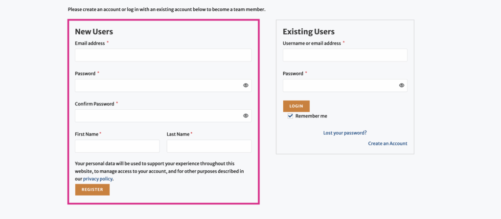 screenshot of a team registration page with the New User section circled