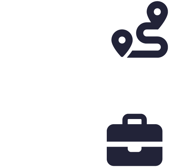 illustration of a graduation cap, briefcase, and a map route
