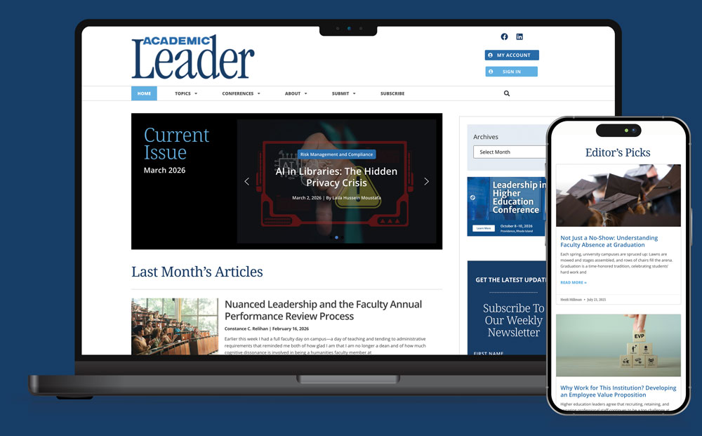 laptop with the Academic Leader homepage on its screen