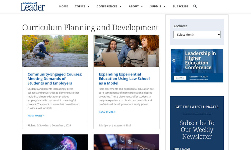 screenshot of the academic leader website showing articles within the topic of curriculum planning and development