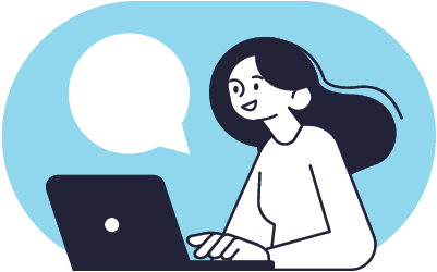 illustration of a young woman at a laptop with a speech bubble