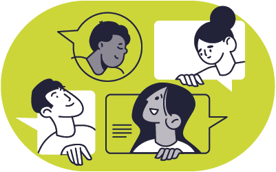 illustration of four students talking from various speech bubbles
