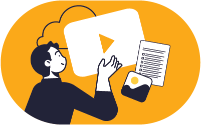 illustration of a young man reaching for a video icon and handout in a cloud