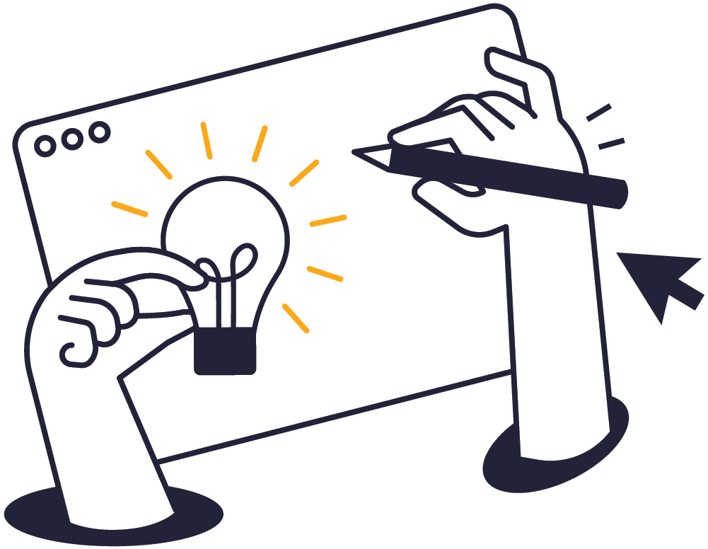 illustration of hands holding a lightbulb and a pencil