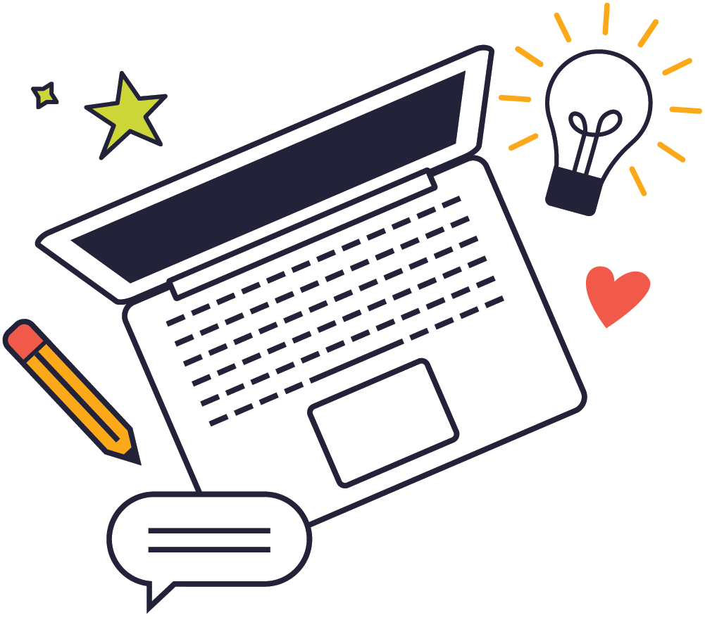 illustration of an open laptop surrounded by a pencil, lightbulb, heart, and stars