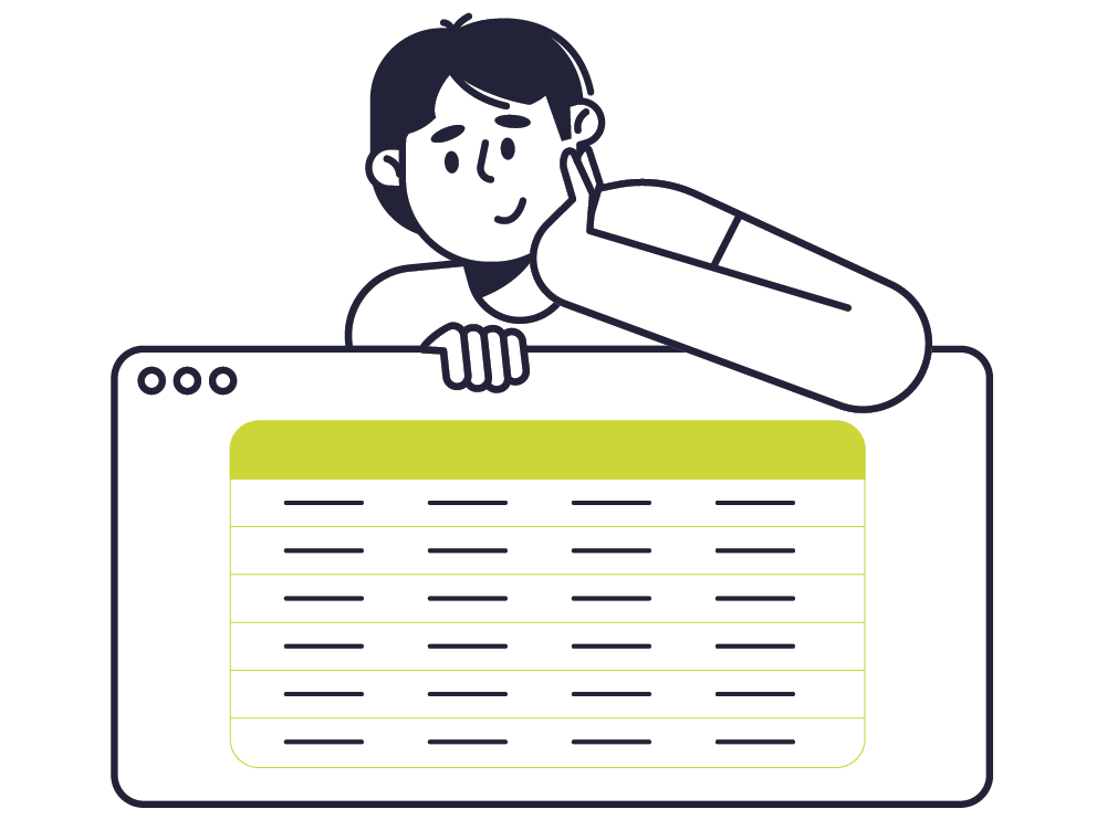illustration of a youn man looking at a pricing table