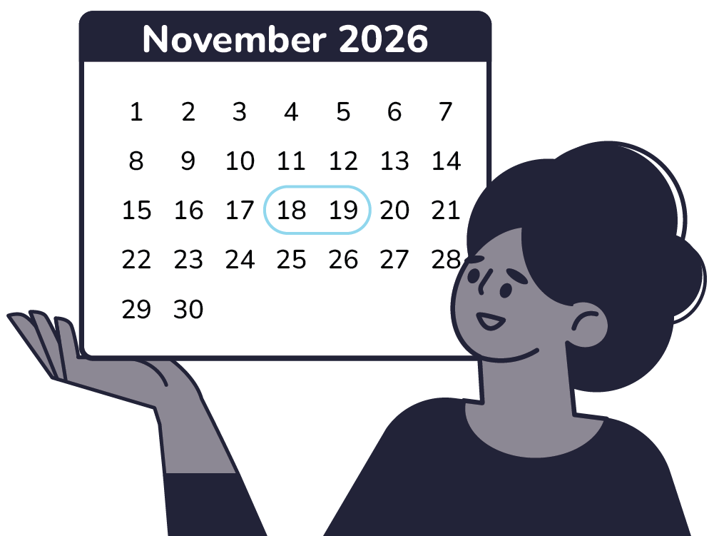 woman looking at a calendar of November 2026 with the 18th and 19th circled