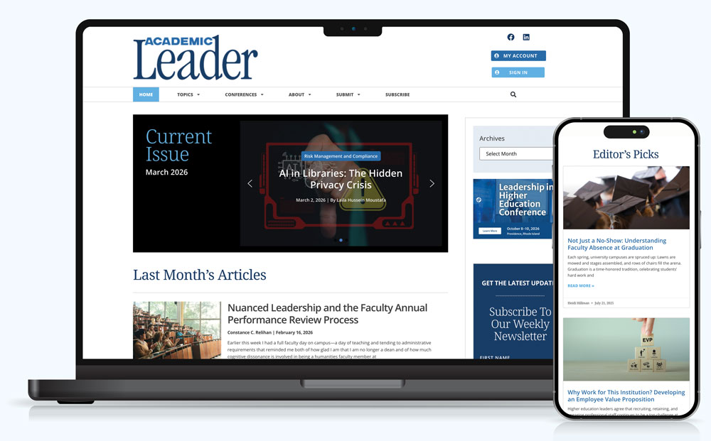 laptop with the Academic Leader homepage on its screen